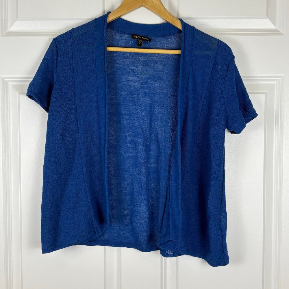 Eileen Fisher Wool Short Sleeve Cardigan Blue Quiet Luxury Office Fall Medium